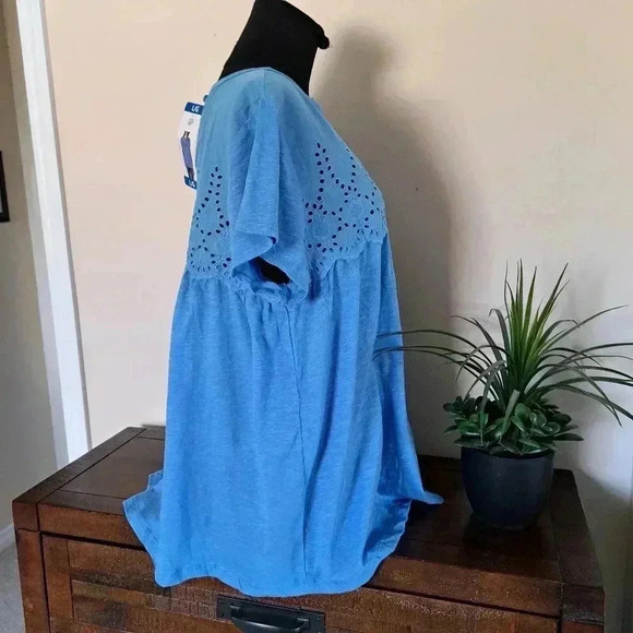 ❤ NWT Jachs Girlfriend Blue Cotton Top Large Slub Knit Short Sleeved Eyelet Yoke - Picture 4 of 12